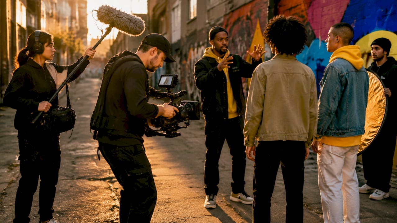 Film crew coordinating on outdoor production set