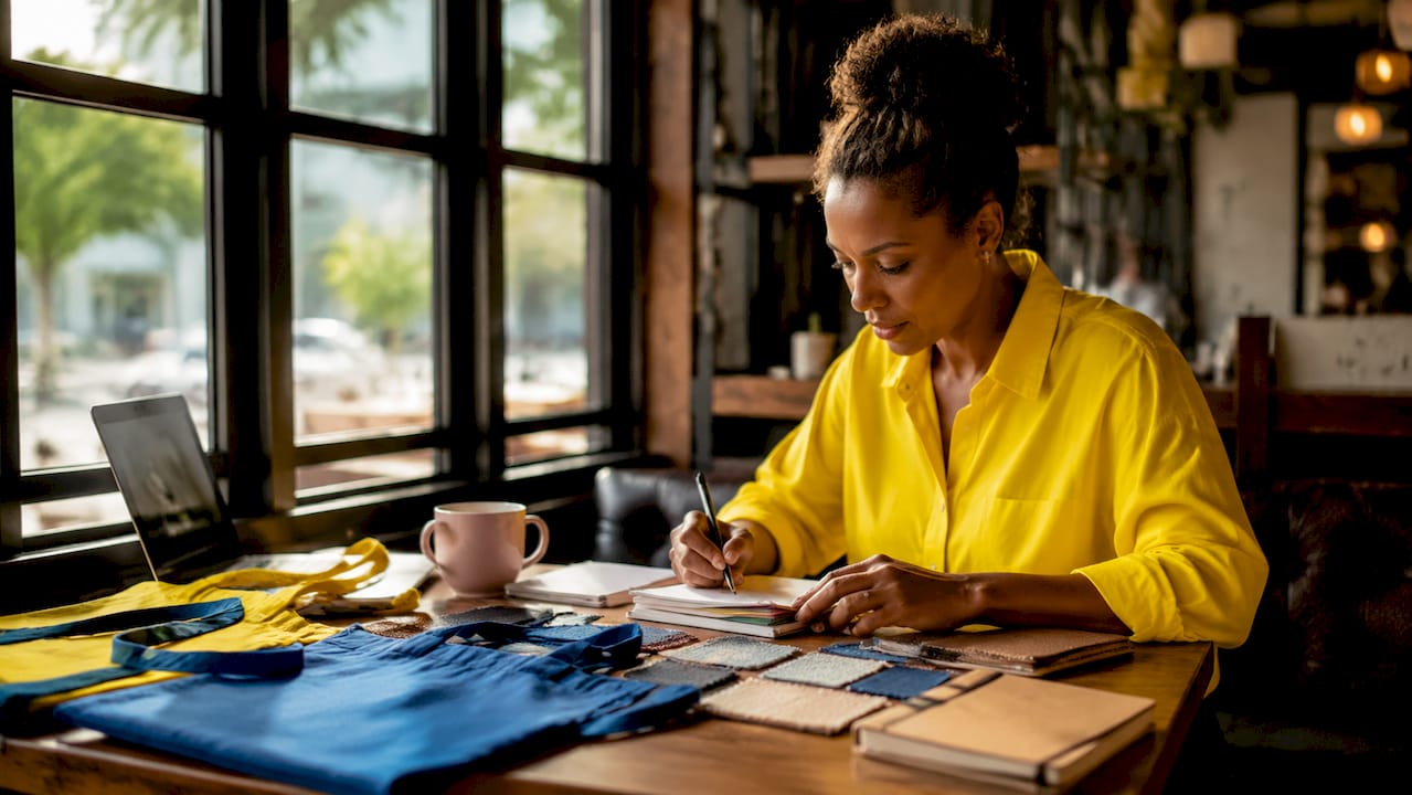 Woman reviewing brand merchandise samples at office desk