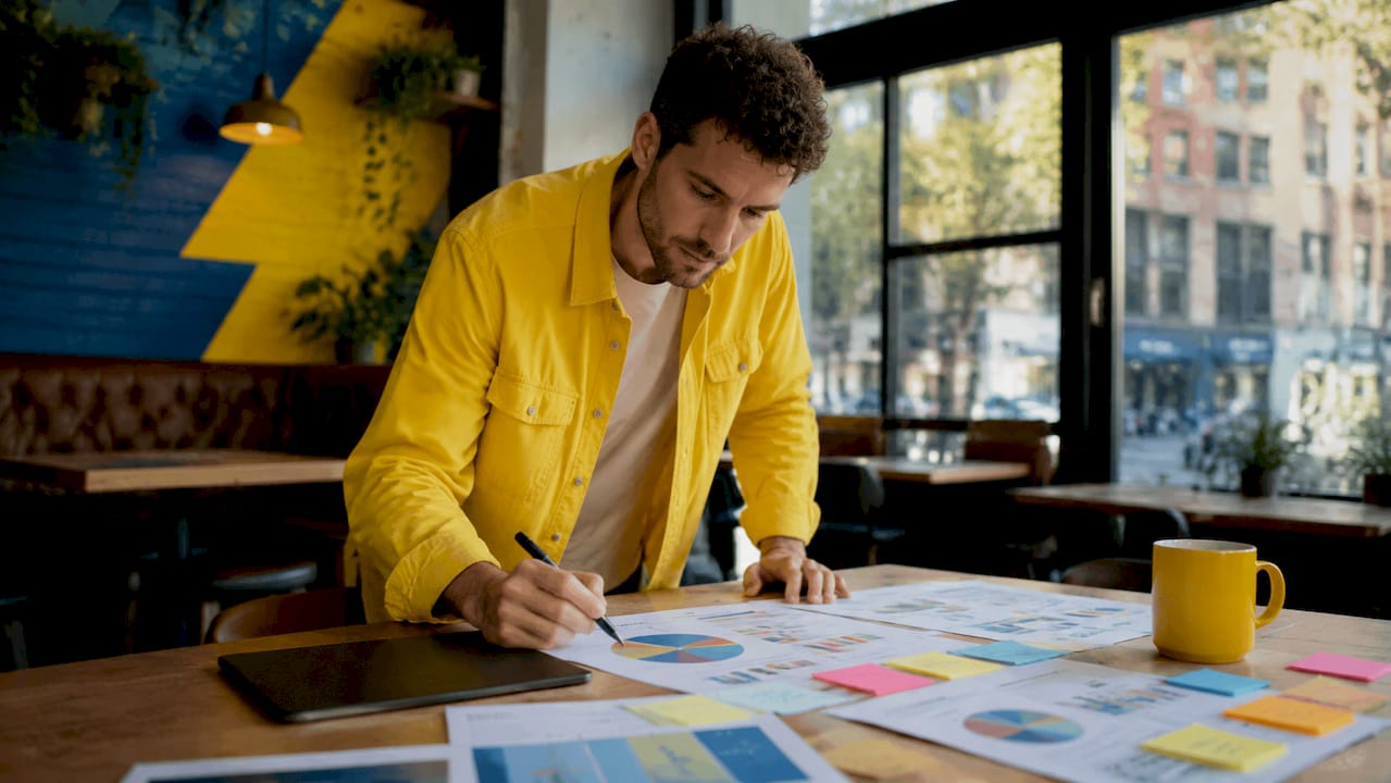 Marketing strategist analyzing media mix charts