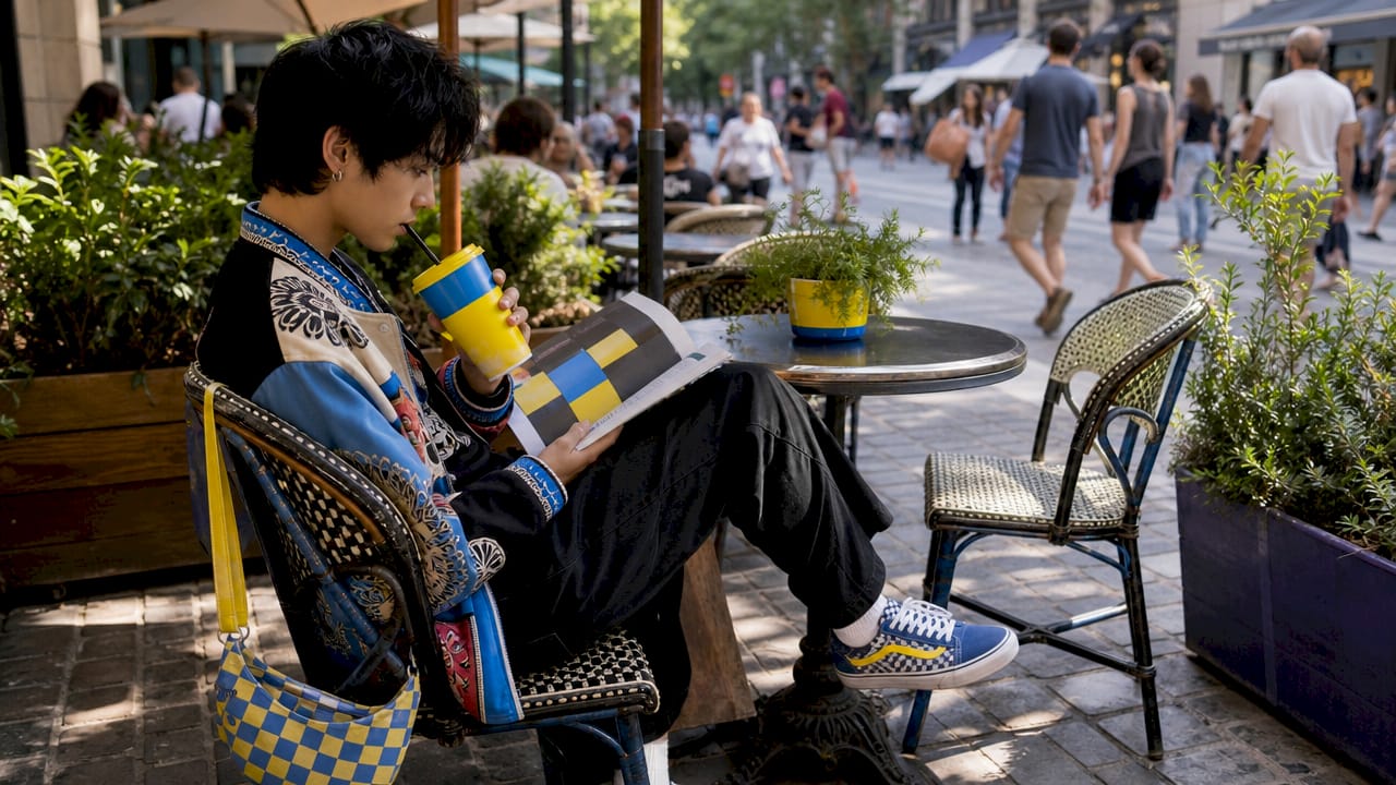 Person wearing community patches in café setting