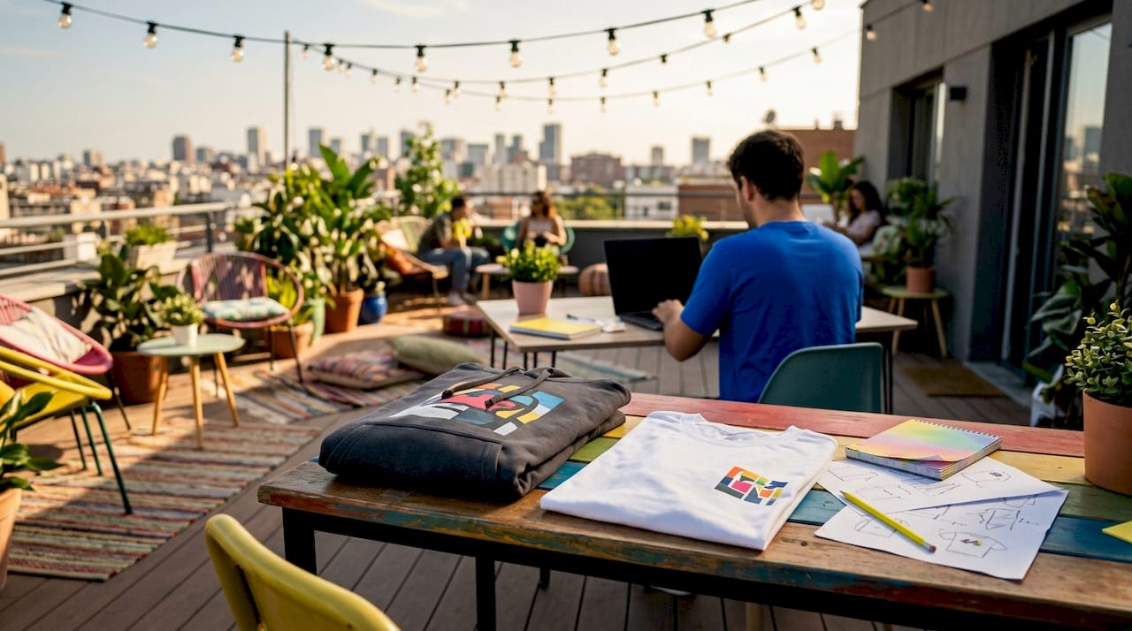 Flat lay of printed apparel mockups on table