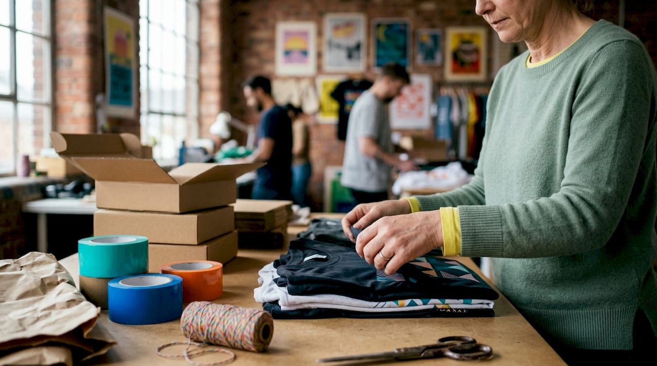 Hands packing printed merch in workshop