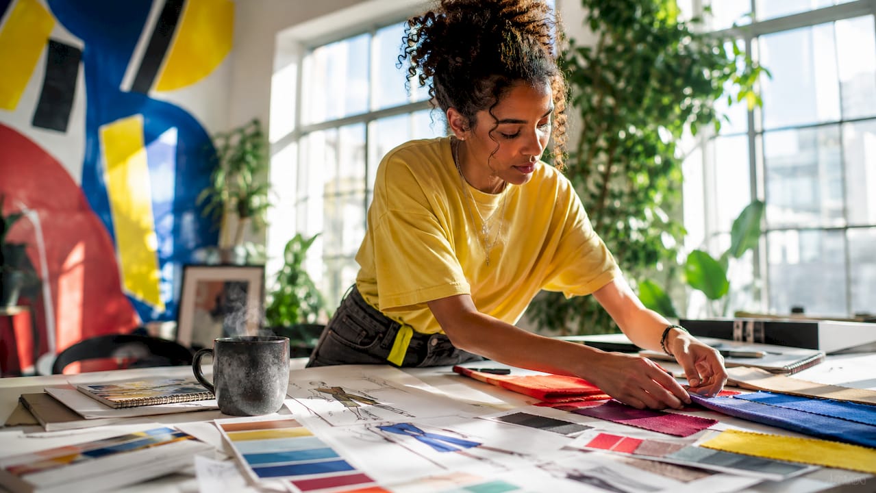 Apparel designer arranging colorful fabric swatches