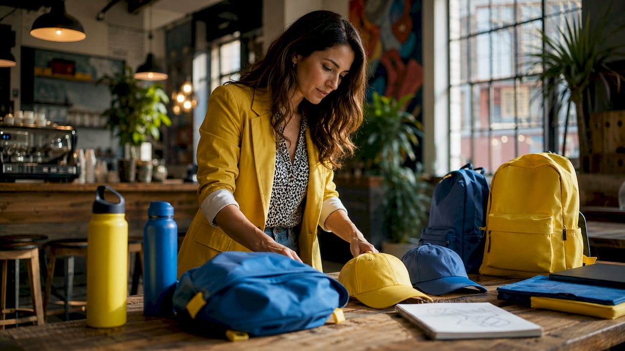 Marketing manager arranging branded merchandise samples