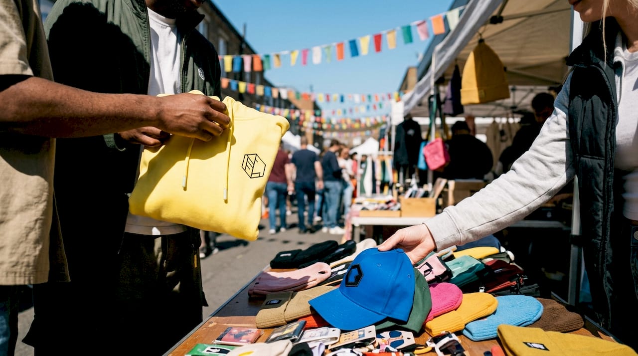 Hands selecting branded apparel in boutique