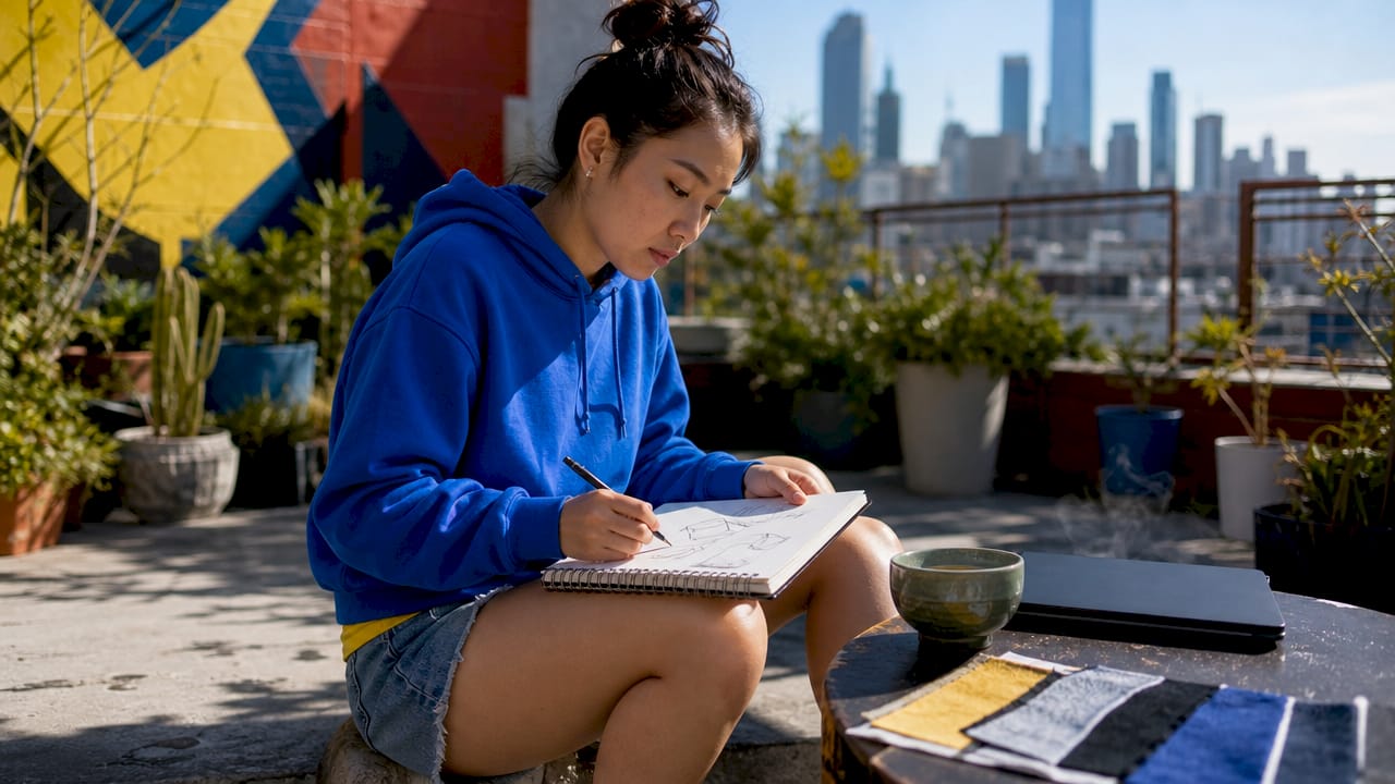 Woman sketching merchandise designs in Brooklyn studio