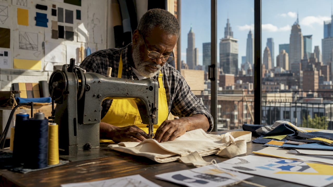 Tailor sewing tote bag in NYC garment workshop