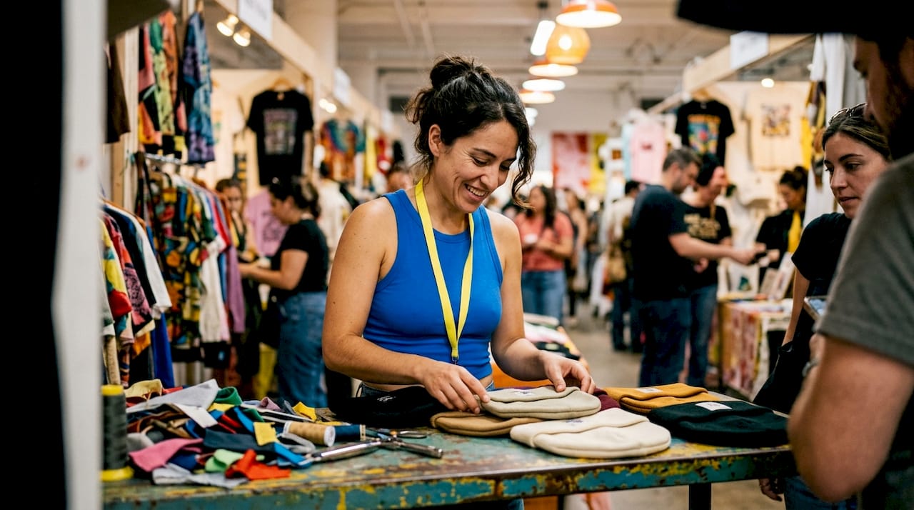 Young woman inspecting custom branded merchandise in NYC studio