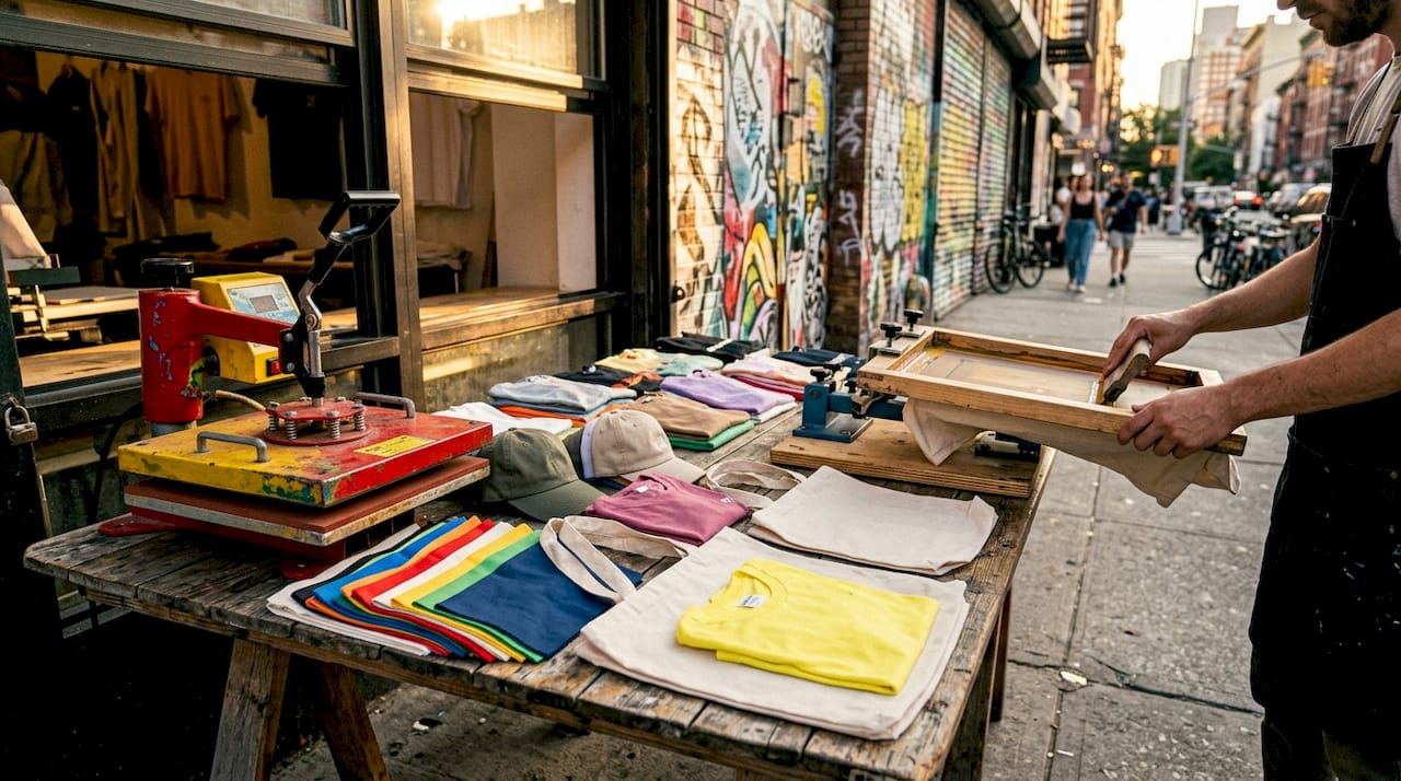 Overhead view of print shop table with custom merchandise and tools