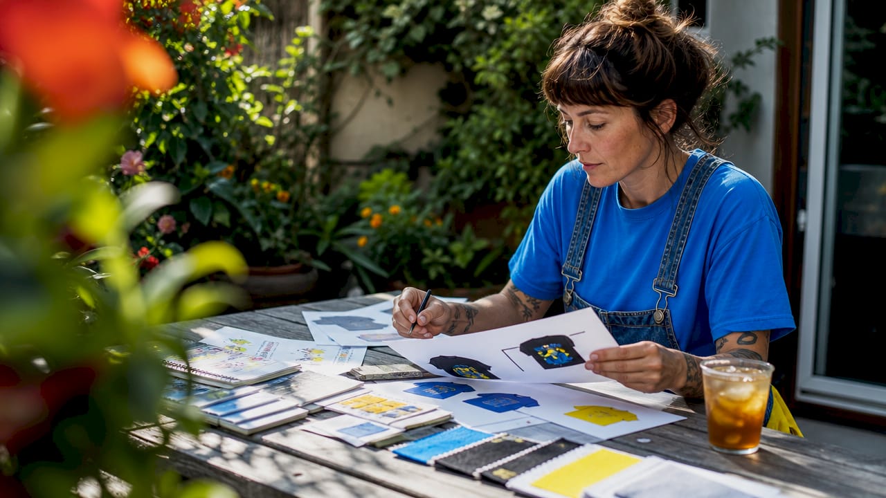 Designer reviewing printed graphic tee layouts