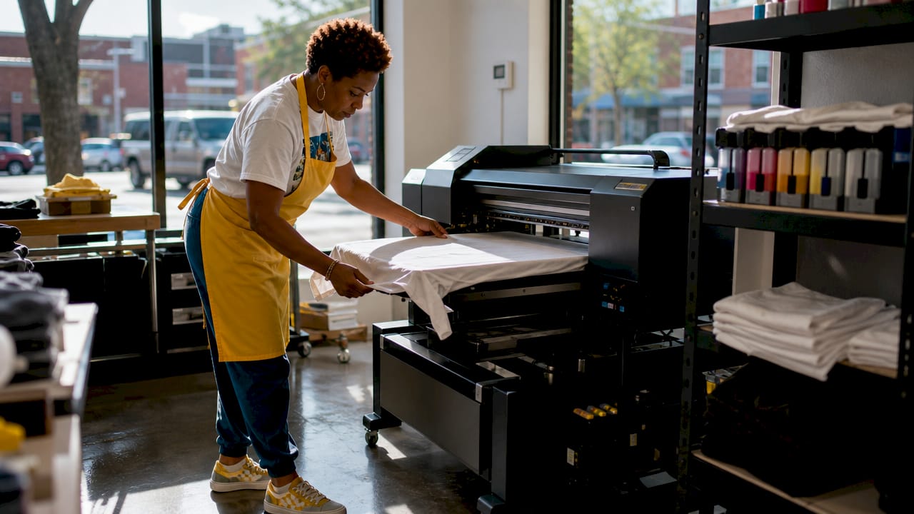 Operator aligning t-shirt on DTG printer platen
