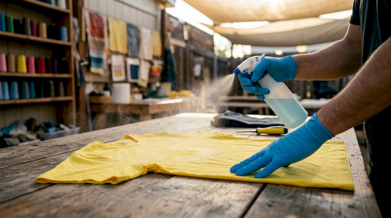 Hands applying pre-treatment spray on t-shirt fabric