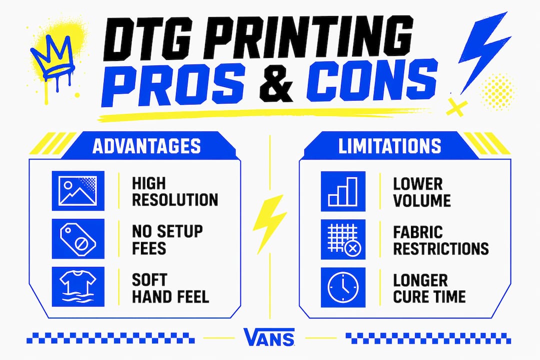 Infographic comparing DTG printing advantages and limitations