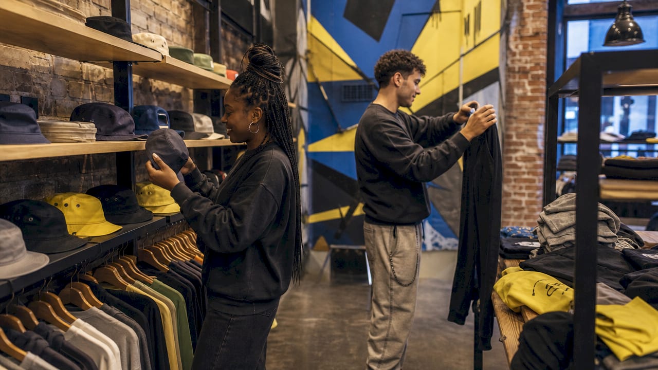 Interior of NYC streetwear retail store with diverse shoppers