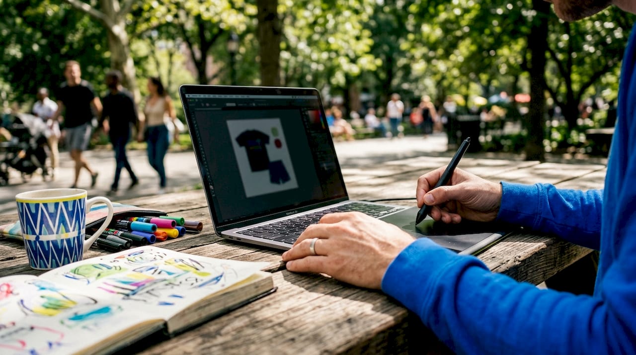 Hands editing merchandise design on graphic tablet