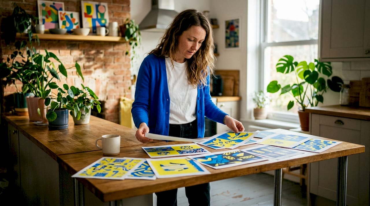 Brand manager reviewing printed merchandise designs