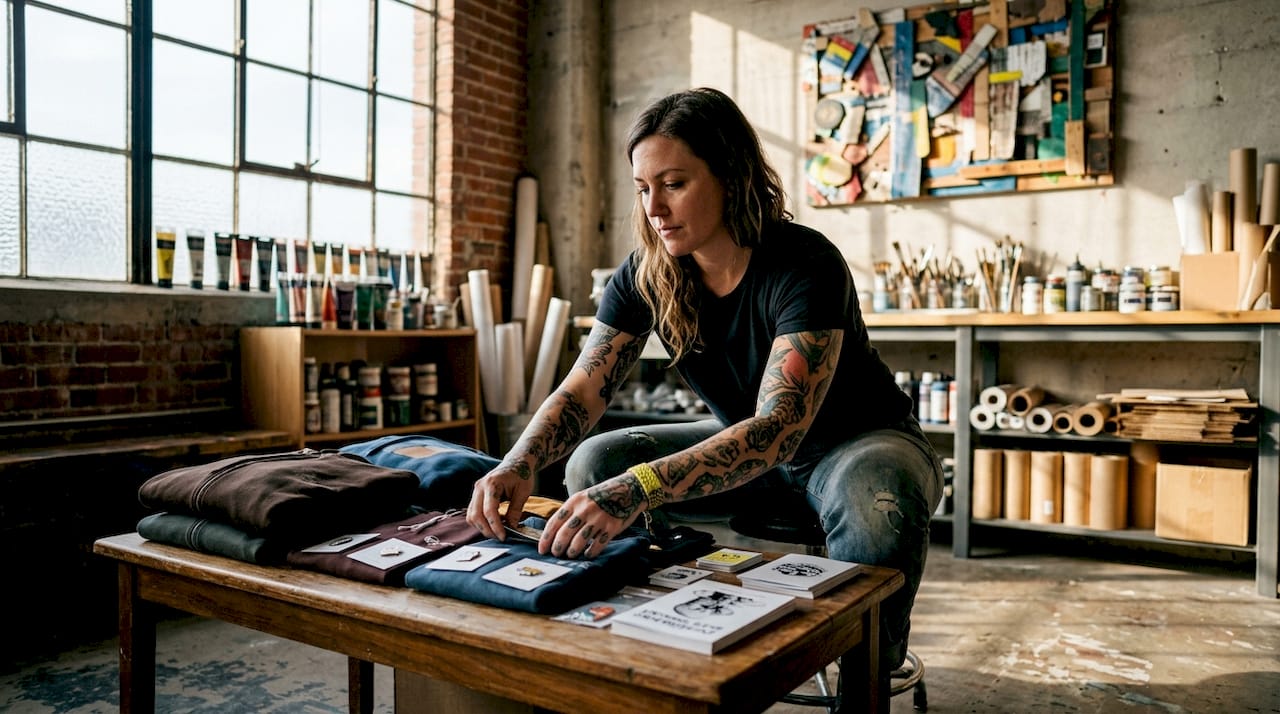 Artist arranging merch bundles in studio