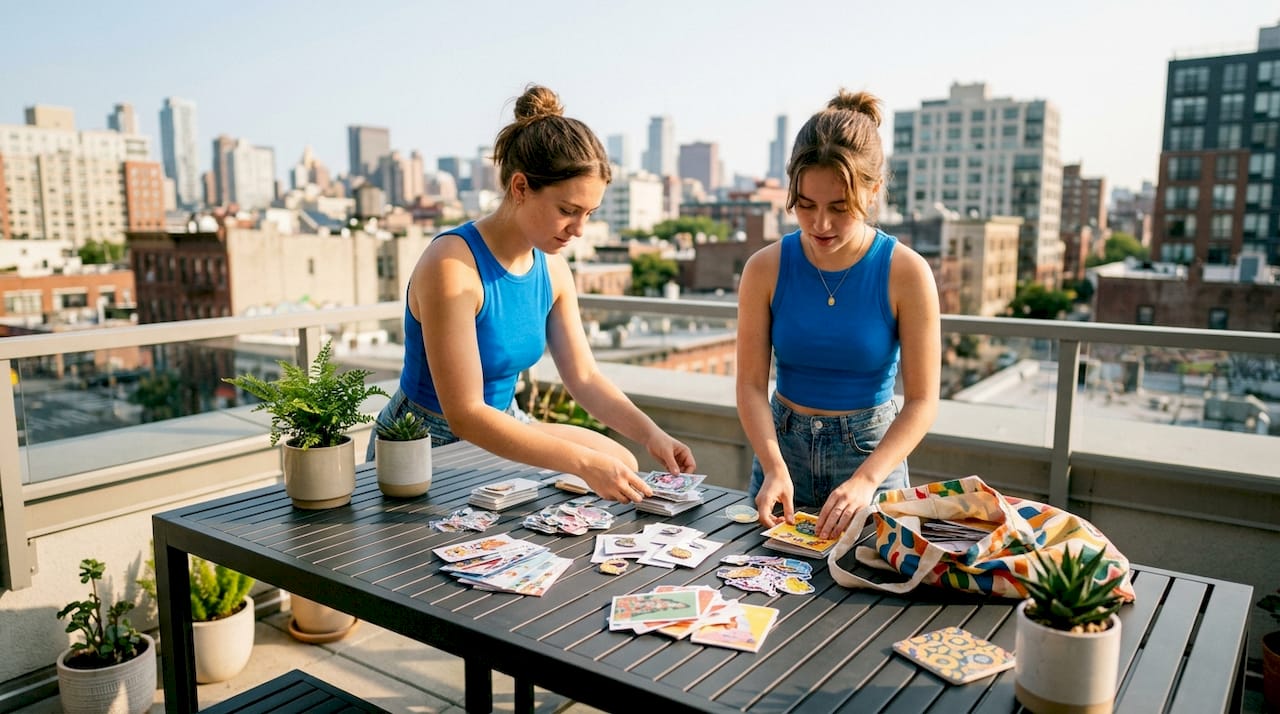 Hands arranging entry-level merch bundles on desk