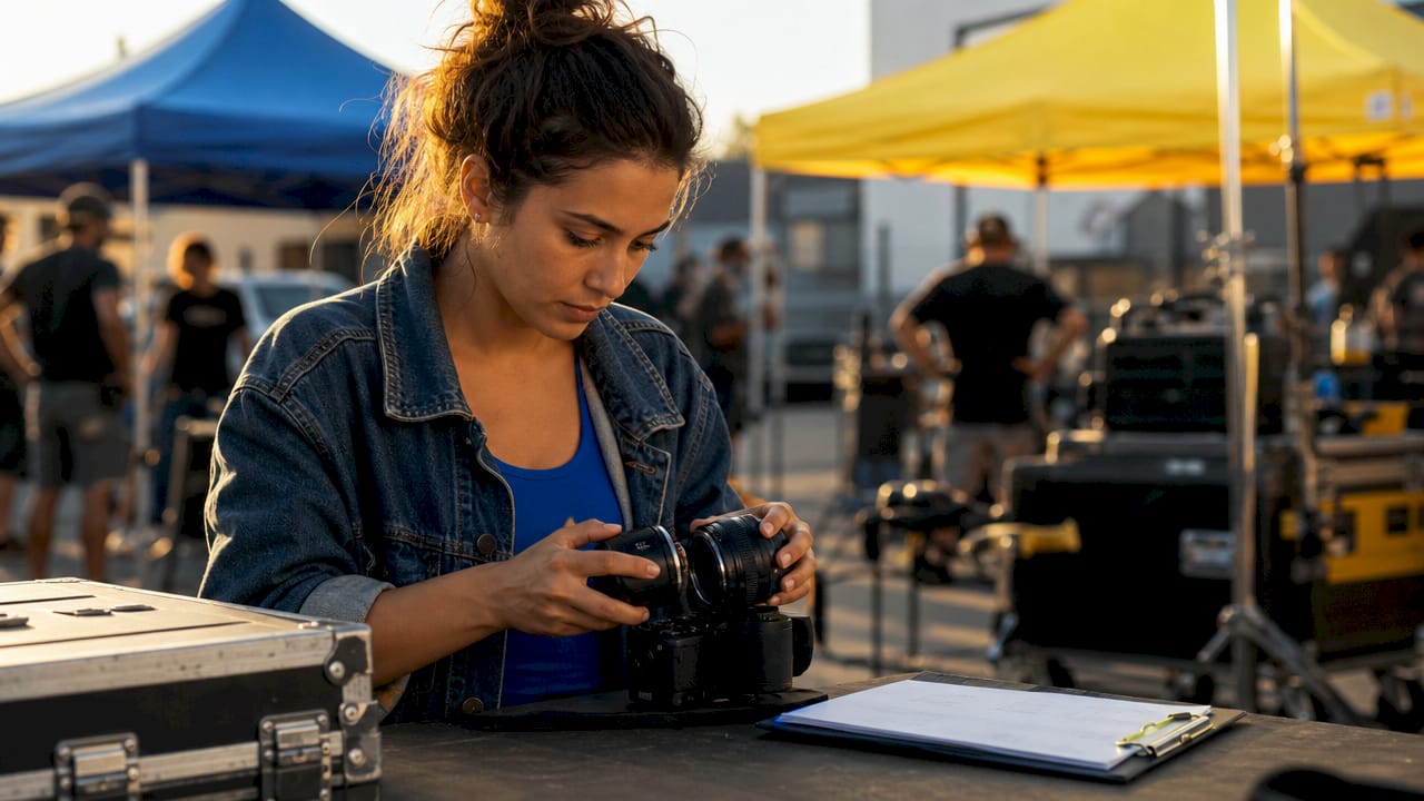 Cinematographer changing camera lens on set