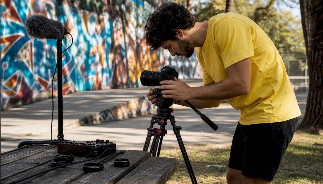 Videographer adjusting DSLR in studio setup