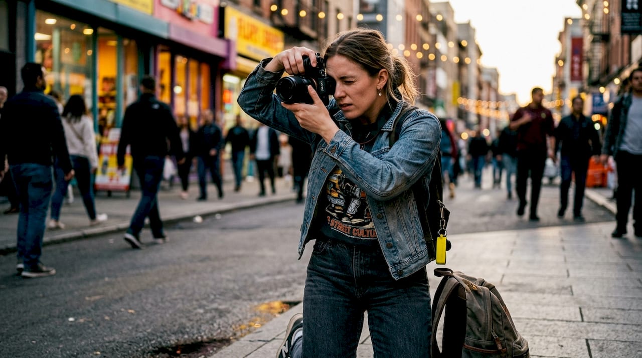 Photographer adjusting aperture outdoors