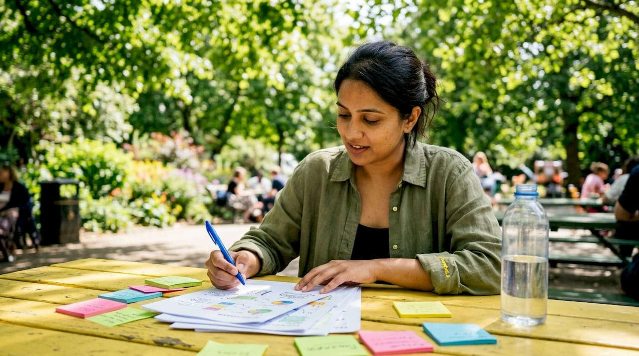 Woman reviewing content marketing strategy documents