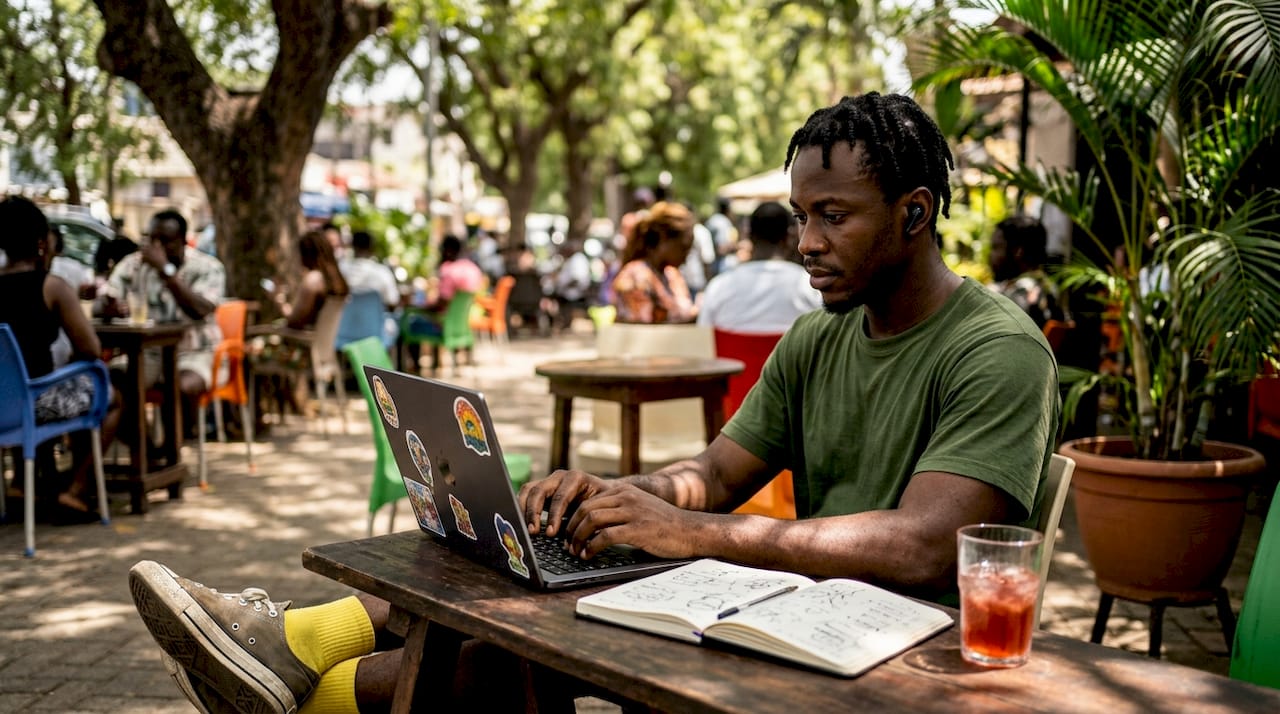 Hands typing on laptop in home office for SEO and AI content