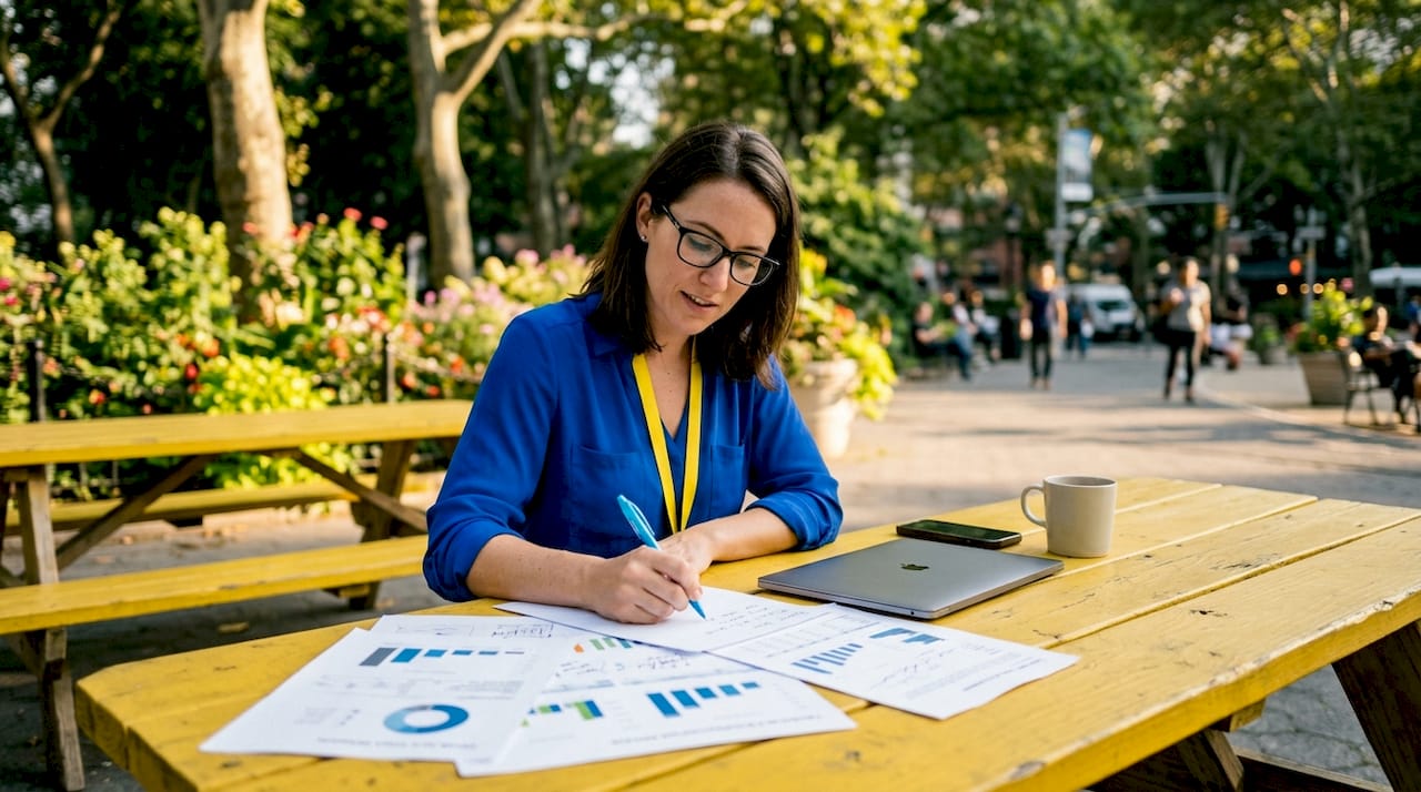 Woman analyzing digital marketing reports at desk