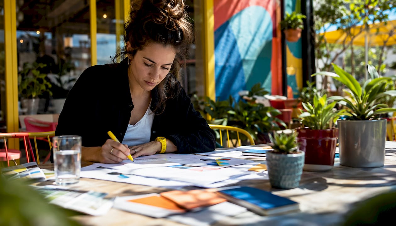 Woman analyzing brand awareness reports in home office