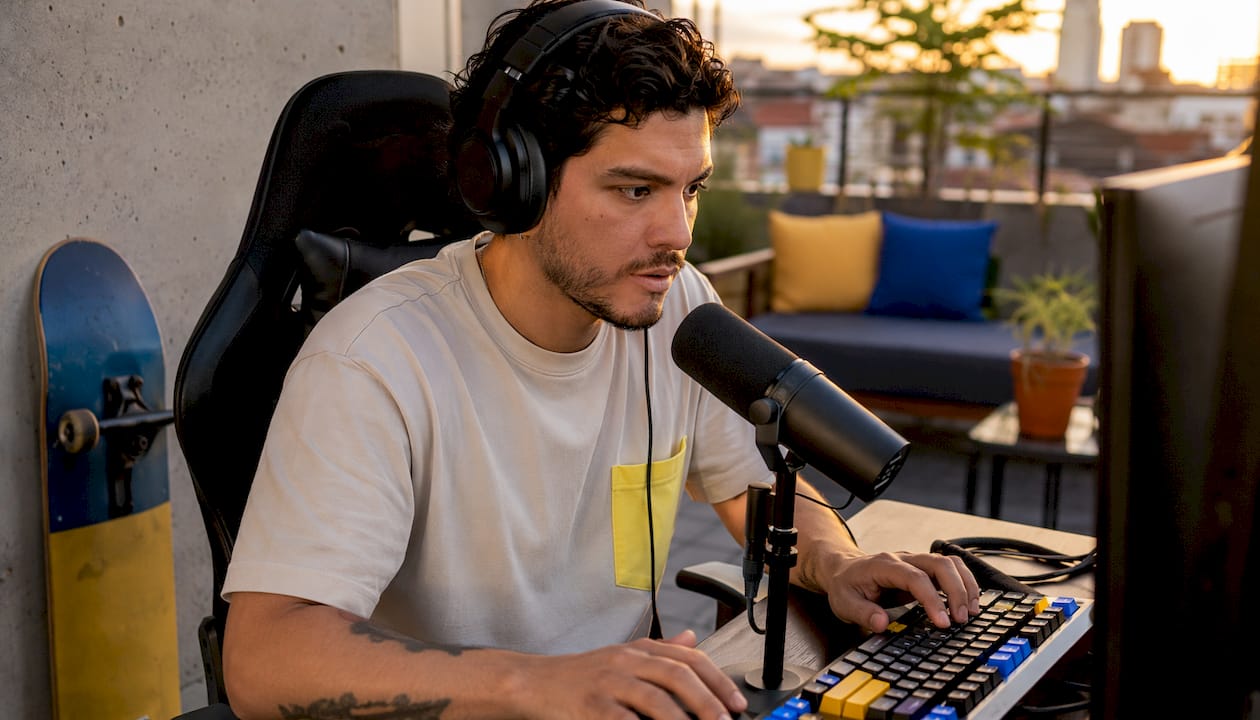 Streamer using engagement tools at home setup