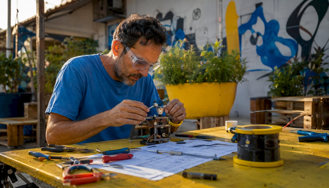 Hands assembling mechanical prototype on workbench