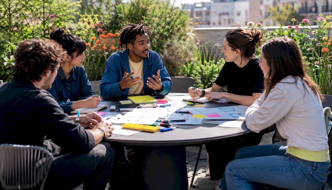 Team collaborating around conference table