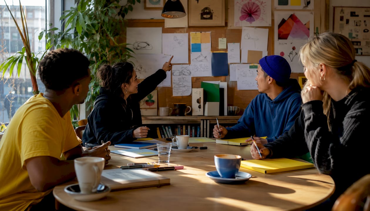 Marketing team discussing brand strategy around table