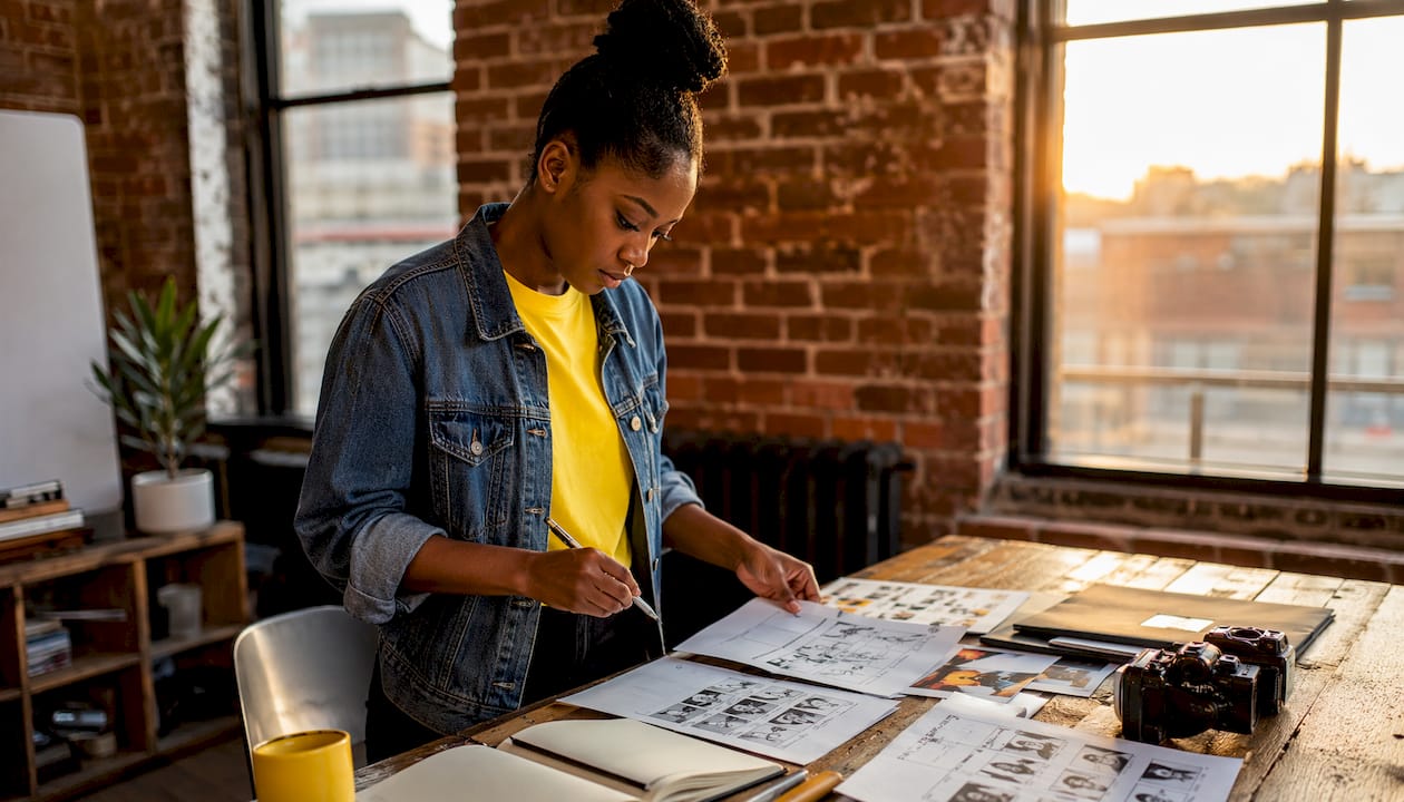 Producer reviewing production documents in studio
