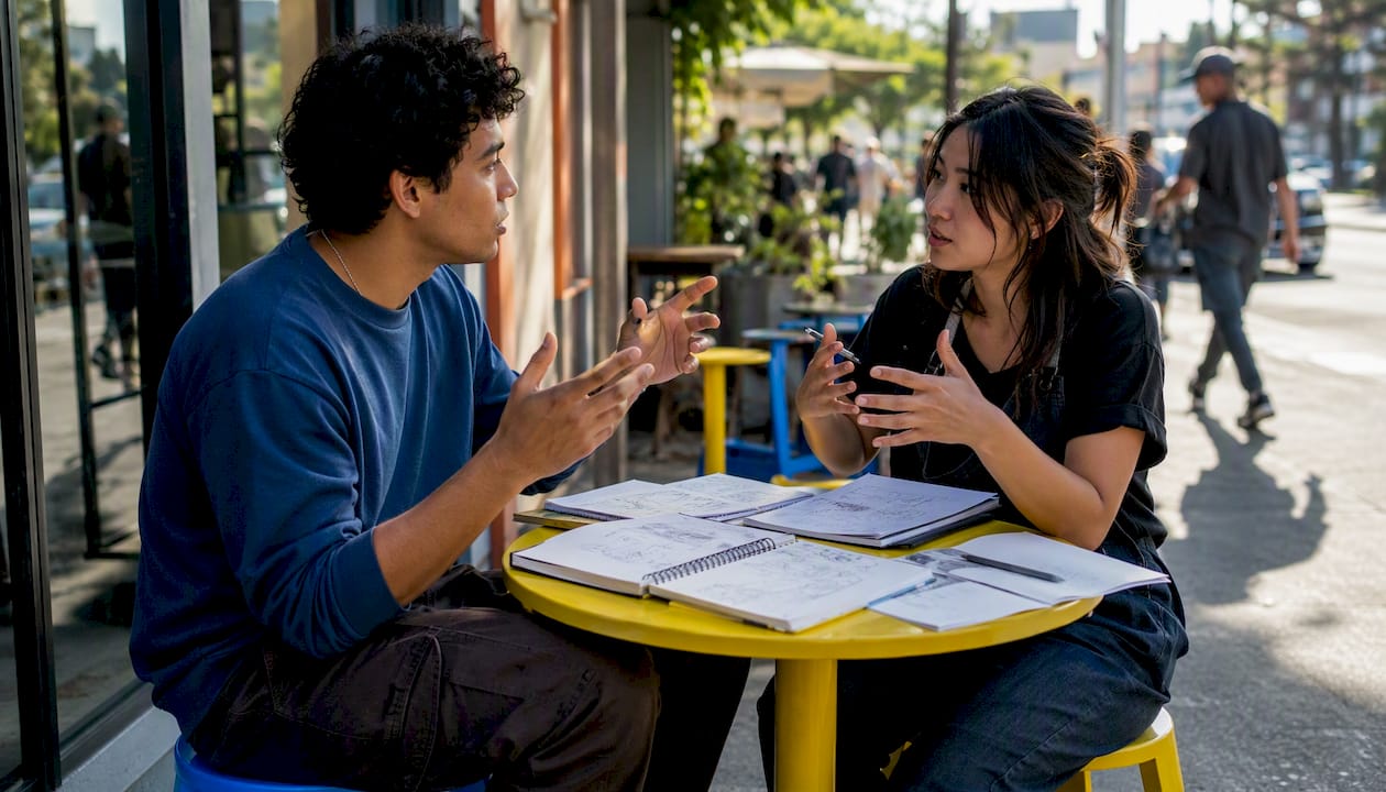 Creative duo discussing story frameworks at café