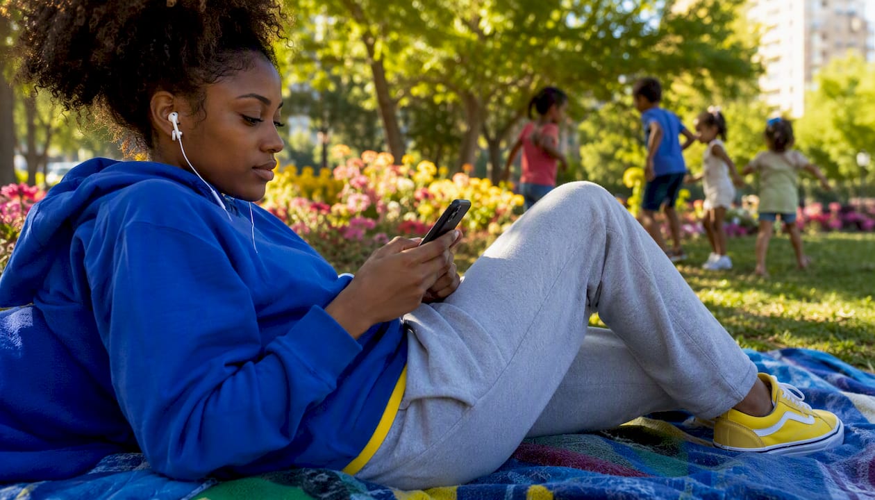 Woman engaging in online community on smartphone outdoors