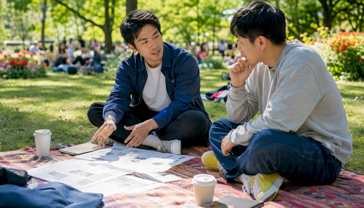 Two men discussing online community platforms in coworking