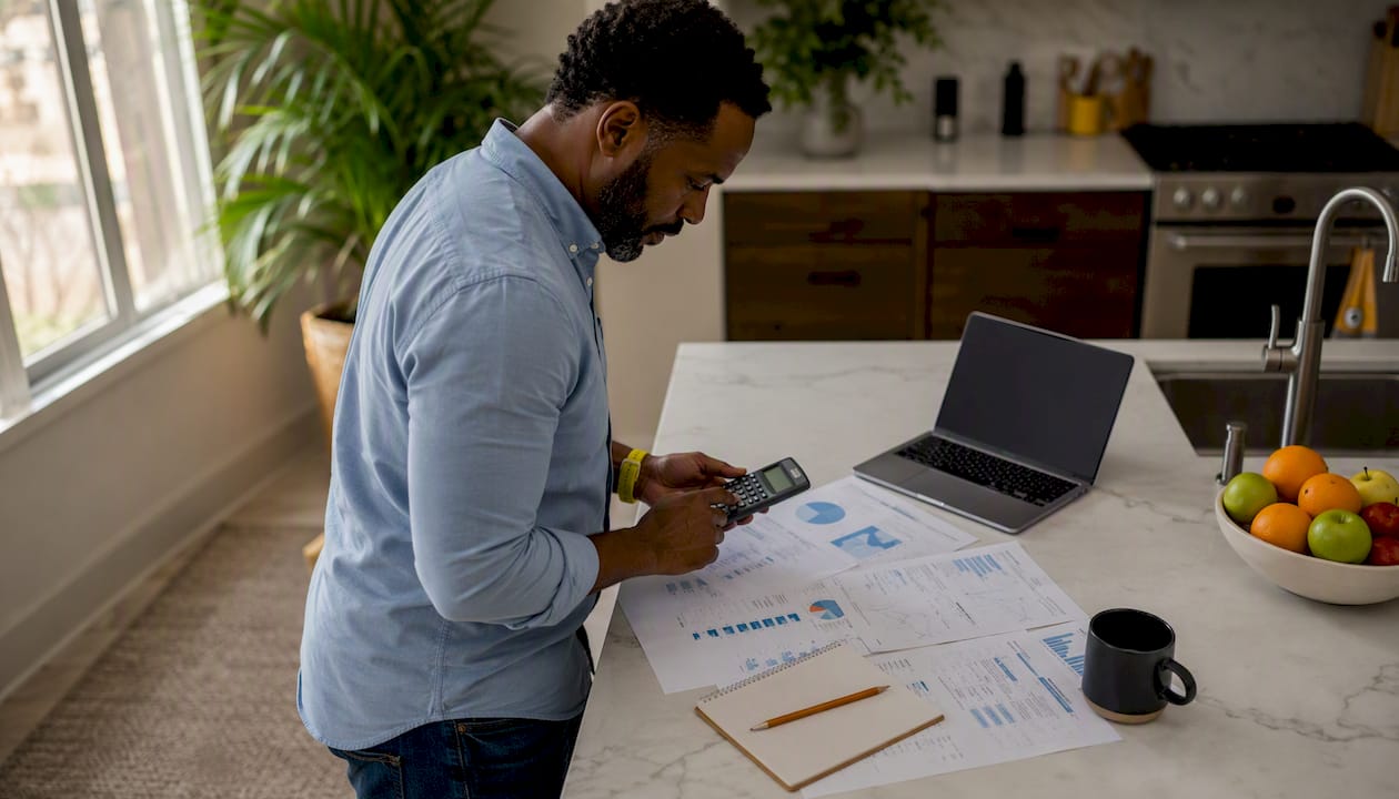 Man calculating investment returns at desk