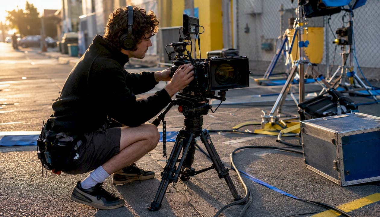 Camera assistant adjusting film camera on set