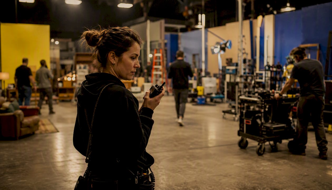 Location manager inspects film set on city street