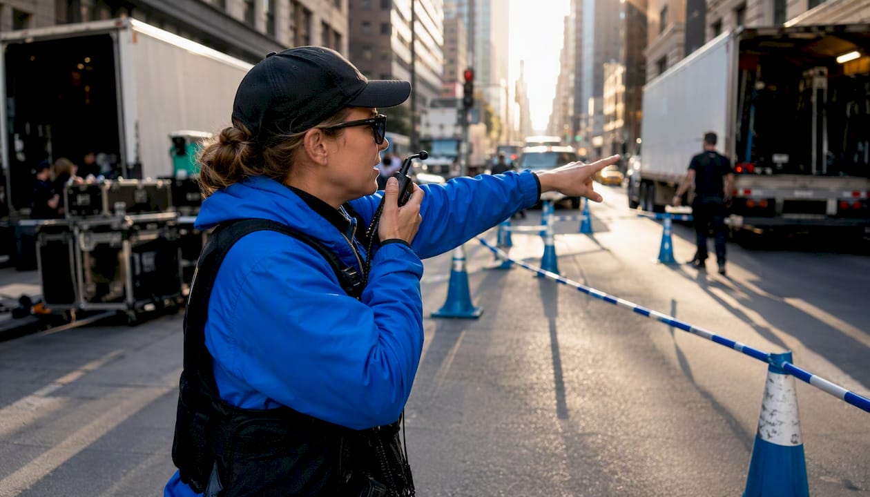 Location manager directing parking on film location