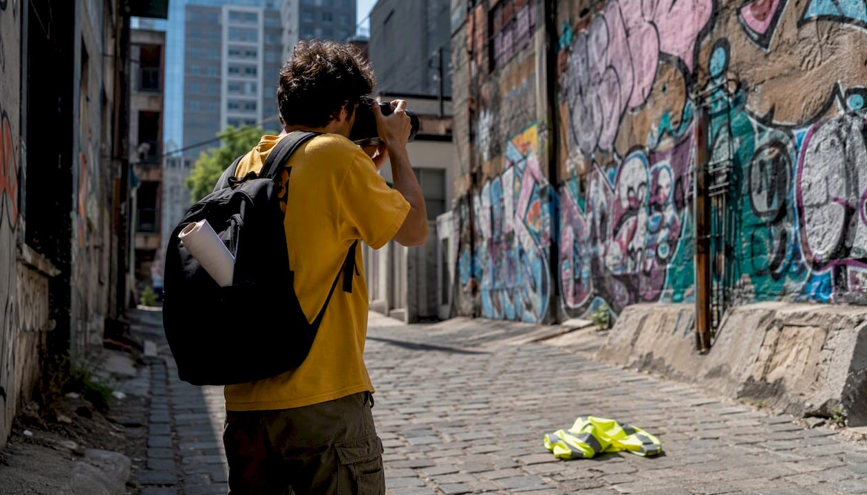 Location scout photographing rooftop for film shoot