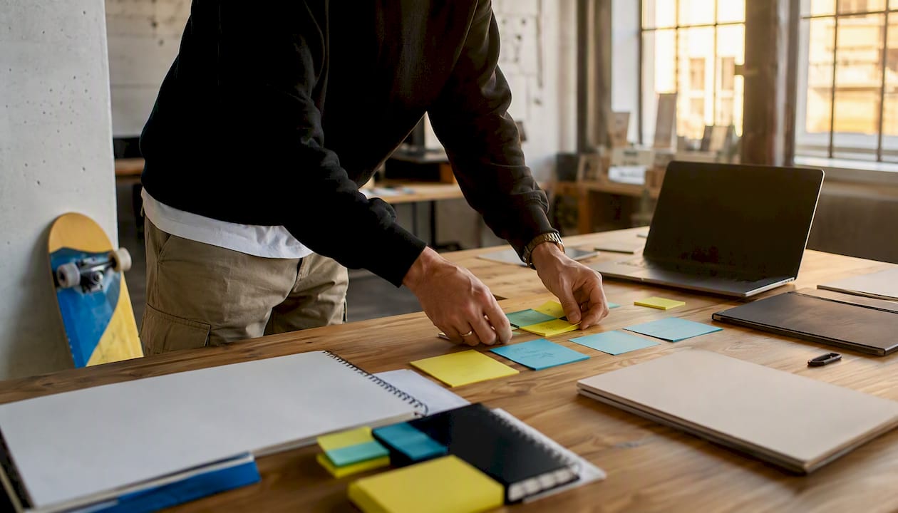 Hands arranging growth plan notes with skateboard