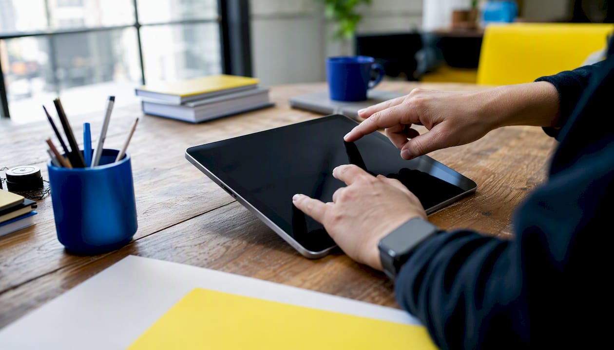 Hands adjusting UI elements on tablet