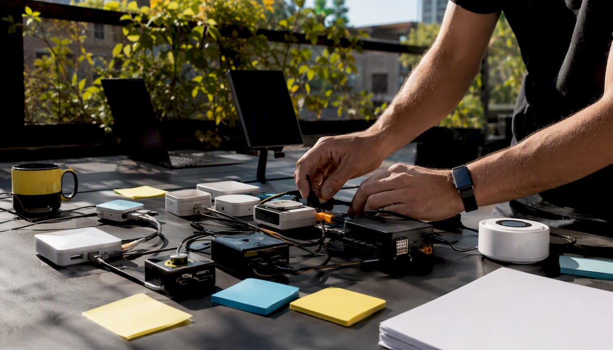 Hands assembling automation devices in studio