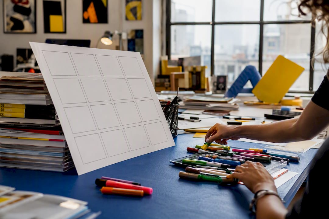 Storyboards and shot list on desk in studio