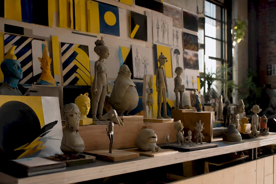 Shelf with physical animation maquettes and models