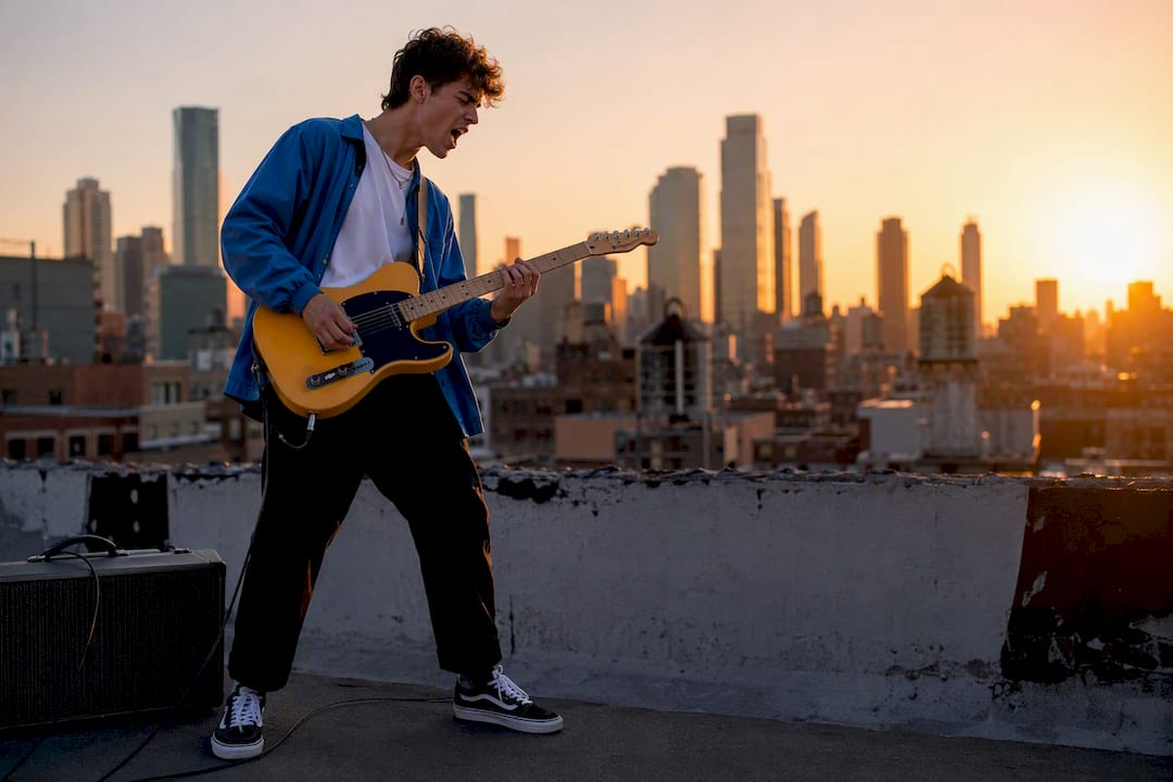 Musician performing guitar outdoors street style