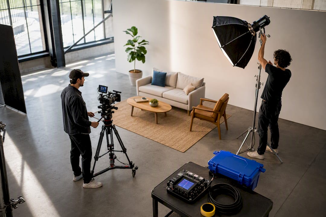 Crew preparing a commercial production set