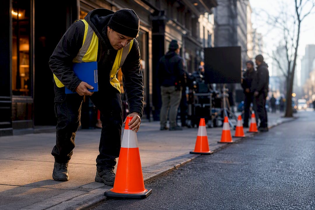 Coordinator marking a permitted NYC filming area